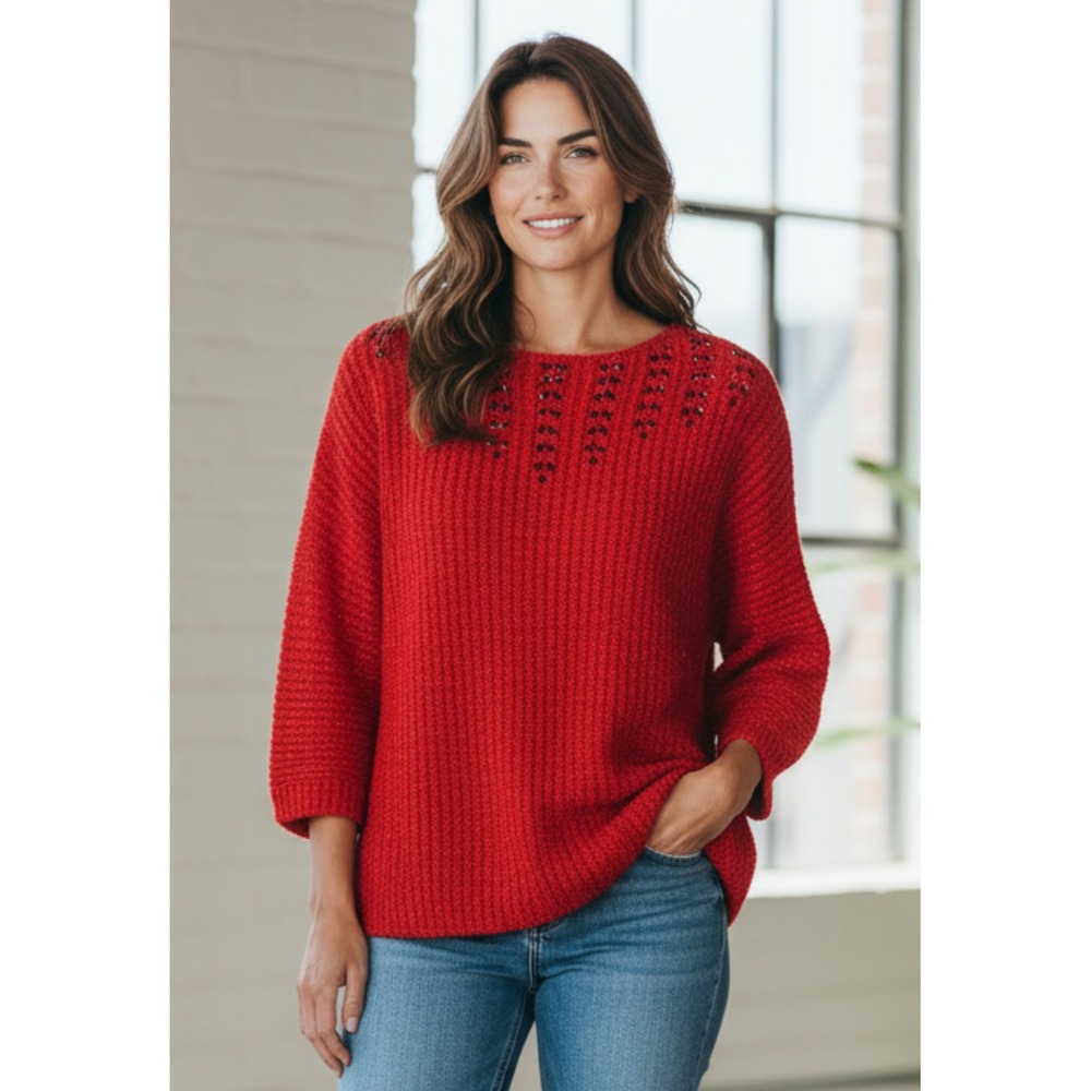 Ruby Rd Red Metallic Beaded Sweater Women's Size Small Sparkly Knit Top‎ Holiday